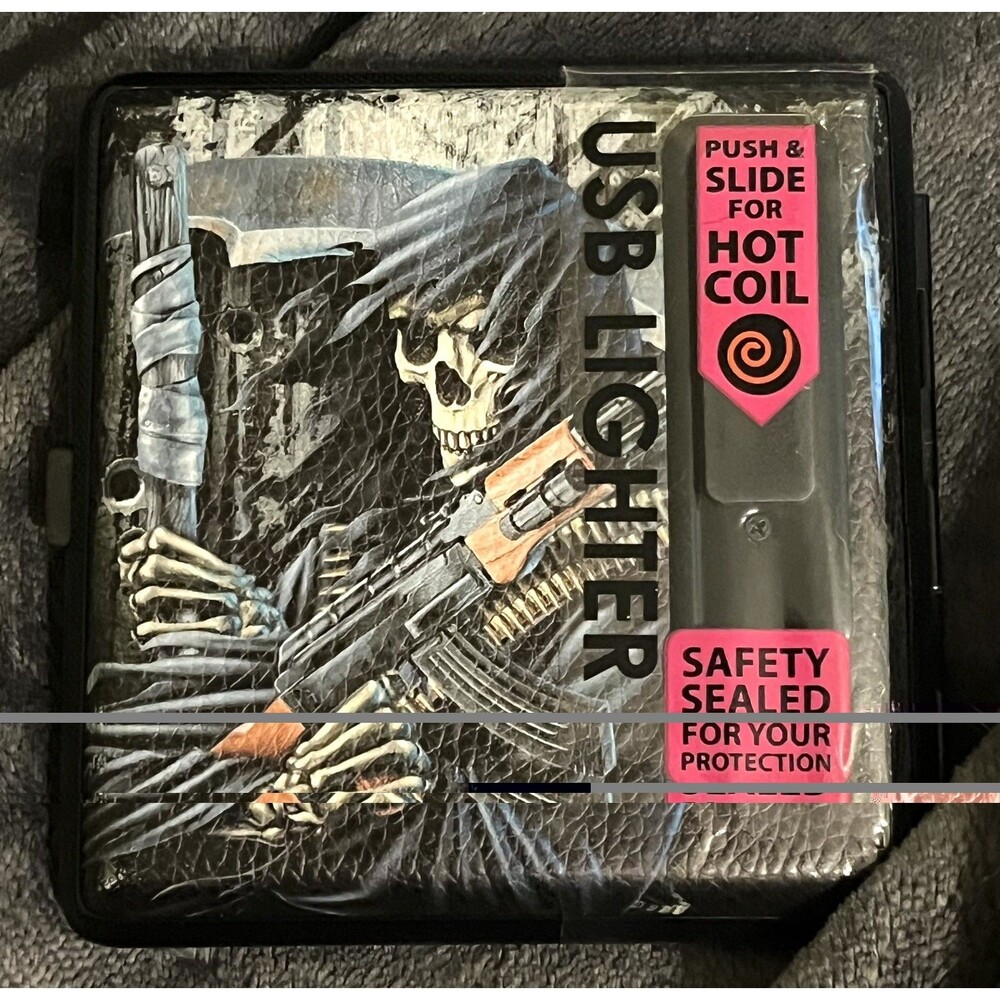 Cigarette Case with USB Coil Lighter Skull Themed Day of the Dead